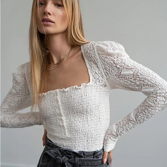 Free People Tops - NWT Free People Confection White Long Puff Sleeve Lace Top